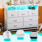 Cassettiera per Camera da Letto con Luci LED, Cassettiera a 7 Cassetti con Stazione di Ricarica, Cassettiera in Legno per Ingresso, Armadio, Soggiorno, Corridoio