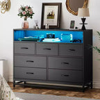 Dresser for Bedroom with LED Lights  7 Drawer Dressers with Charging Station, Wood Storage Chest for Entryway, Closet, Living Room, Hallway