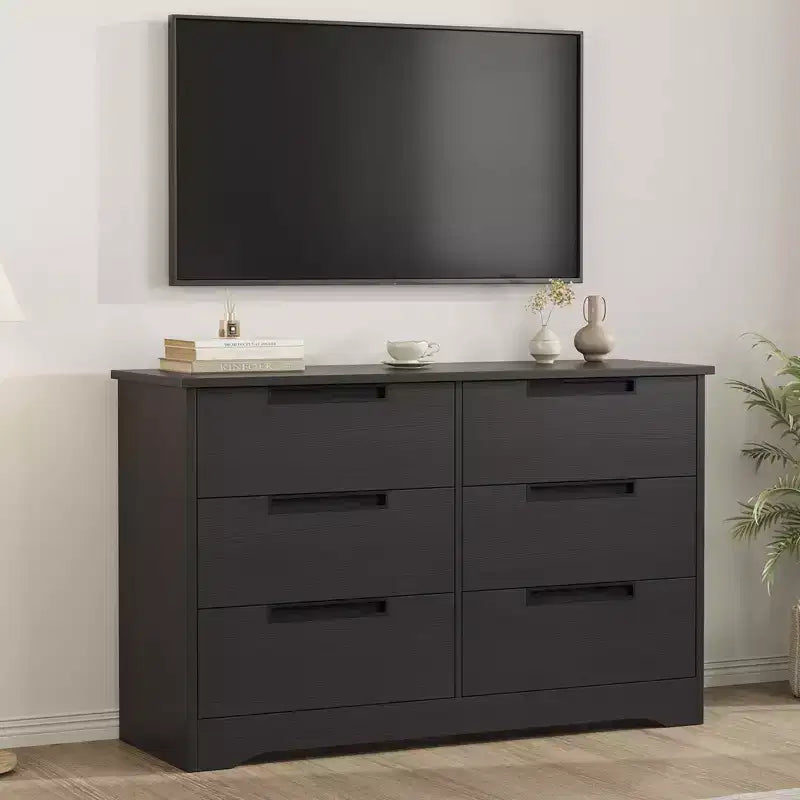 Comodino a 6 cassetti per camera da letto, Comodino moderno nero a 6 cassetti con maniglie incorporate, Comodino organizer in legno per soggiorno, cameretta, corridoio