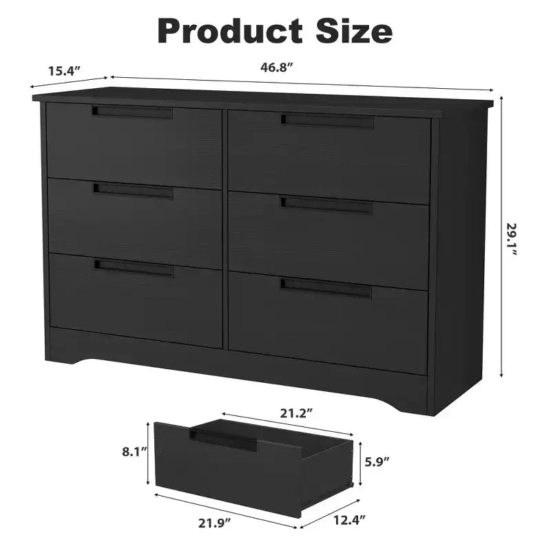 Comodino a 6 cassetti per camera da letto, Comodino moderno nero a 6 cassetti con maniglie incorporate, Comodino organizer in legno per soggiorno, cameretta, corridoio