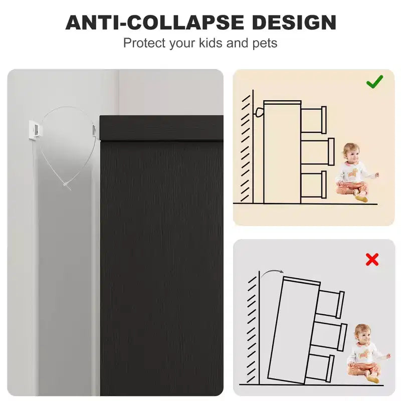 Comodino a 6 cassetti per camera da letto, Comodino moderno nero a 6 cassetti con maniglie incorporate, Comodino organizer in legno per soggiorno, cameretta, corridoio