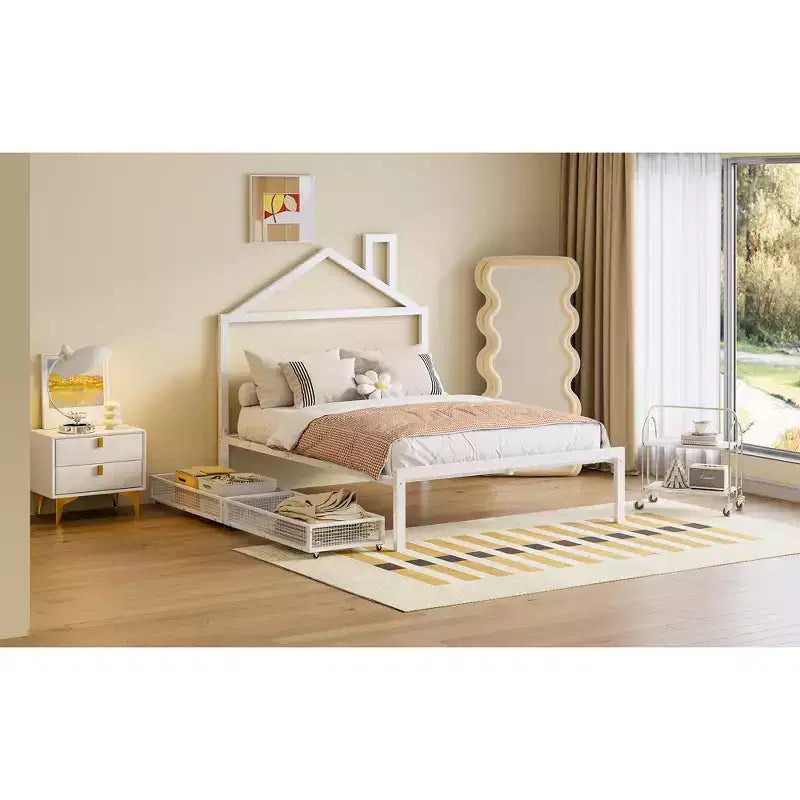 Bellemave Letto Matrimoniale per Bambini, Letto Matrimoniale in Metallo con Cassetto per Ragazzi, Ragazze, Struttura Letto Matrimoniale con Testiera a Forma di Casetta, Letto a Casetta Matrimoniale, Bianco
