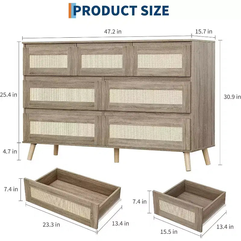 COZONY Cassettiera in Rattan a 7 Cassetti, Mobile Contenitore Moderno in Legno con Frontali Intrecciati, Comò Ampio per Camera da Letto, Soggiorno, Cameretta