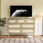 COZONY Cassettiera in Rattan a 7 Cassetti, Mobile Contenitore Moderno in Legno con Frontali Intrecciati, Comò Ampio per Camera da Letto, Soggiorno, Cameretta