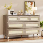 COZONY Cassettiera in Rattan a 7 Cassetti, Mobile Contenitore Moderno in Legno con Frontali Intrecciati, Comò Ampio per Camera da Letto, Soggiorno, Cameretta
