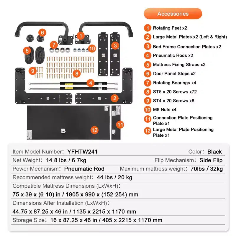 VEVOR Kit Letto a Scomparsa, Dimensioni Singole, Kit Hardware Meccanico Letto a Muro Fai da Te Deluxe, Supporto Telaio Letto Resistente a Leva Pneumatica, Spazio Letto Pieghevole, Nero