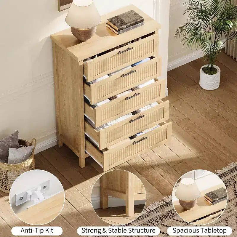 Comodino a 5 cassetti, Comò moderno in legno per camera da letto con maniglie e cassetti portaoggetti, Mobile TV in stile rustico per soggiorno, camera da letto, corridoio