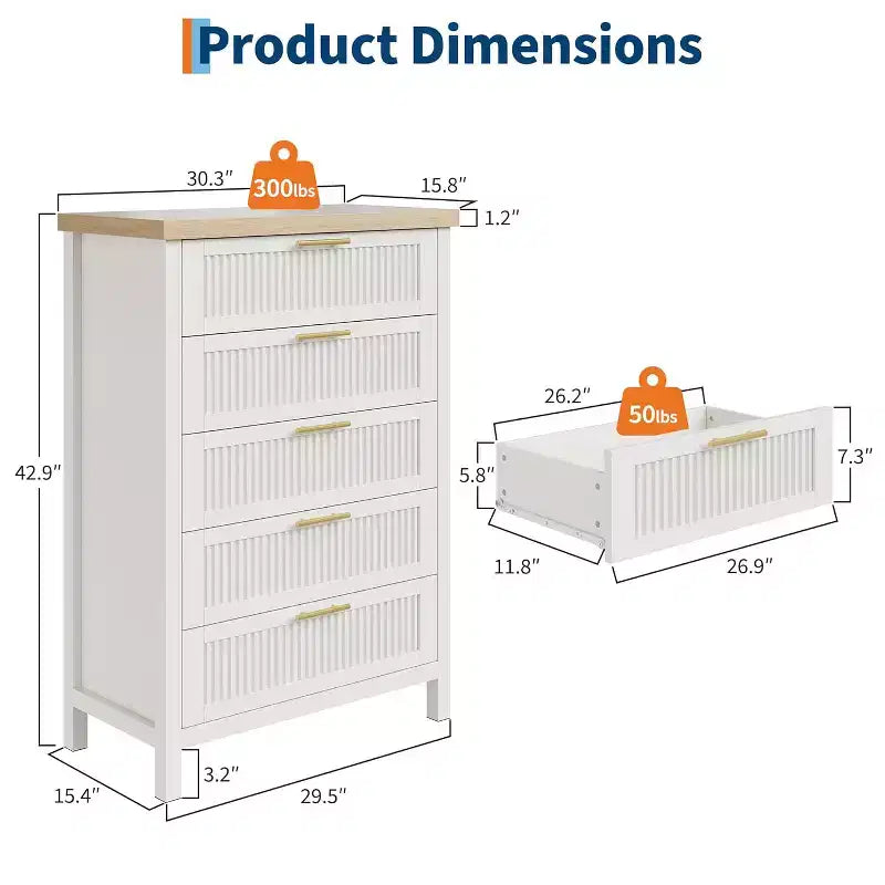 Comodino a 5 cassetti, Comò moderno in legno per camera da letto con maniglie e cassetti portaoggetti, Mobile TV in stile rustico per soggiorno, camera da letto, corridoio