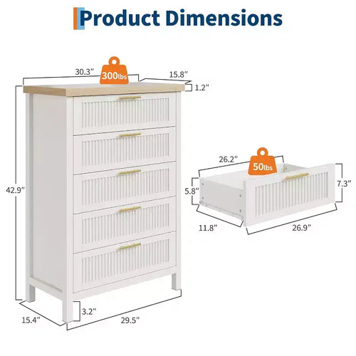 Comodino a 5 cassetti, Comò moderno in legno per camera da letto con maniglie e cassetti portaoggetti, Mobile TV in stile rustico per soggiorno, camera da letto, corridoio