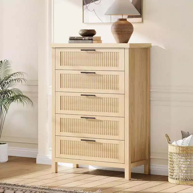 Comodino a 5 cassetti, Comò moderno in legno per camera da letto con maniglie e cassetti portaoggetti, Mobile TV in stile rustico per soggiorno, camera da letto, corridoio