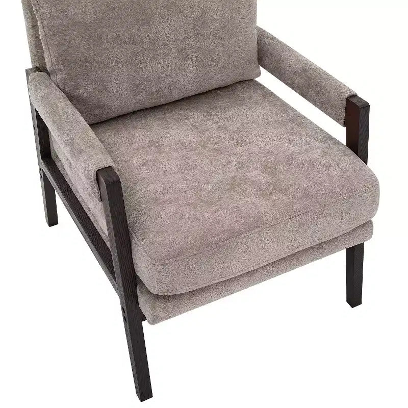 Poltrona d'Appoggio Imbottita in Ciniglia Mid-Century Modern con Struttura in Legno Massello di Acacia