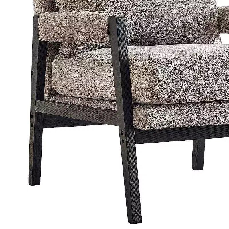 Poltrona d'Appoggio Imbottita in Ciniglia Mid-Century Modern con Struttura in Legno Massello di Acacia