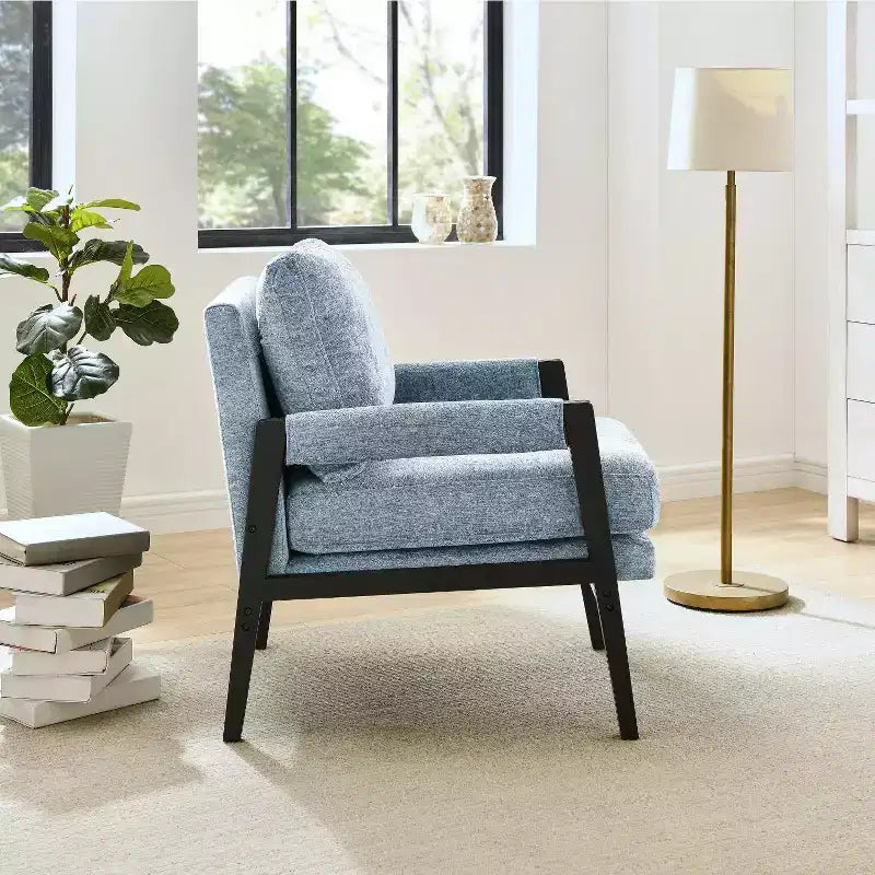 Poltrona d'Appoggio Imbottita in Ciniglia Mid-Century Modern con Struttura in Legno Massello di Acacia