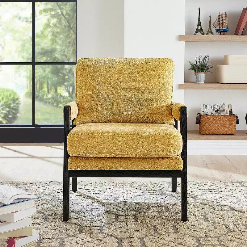 Poltrona d'Appoggio Imbottita in Ciniglia Mid-Century Modern con Struttura in Legno Massello di Acacia