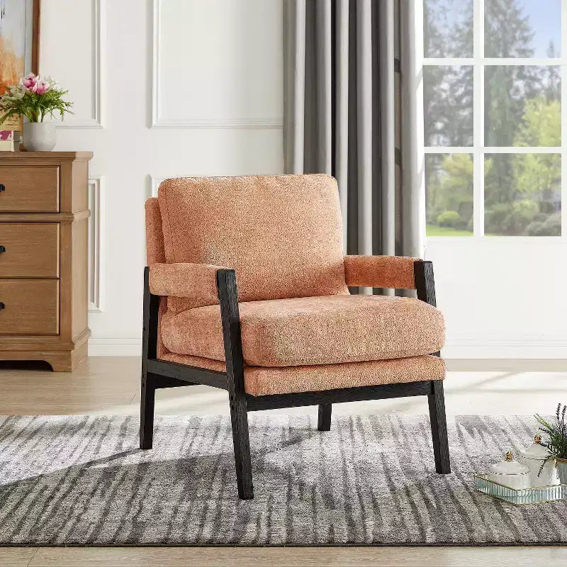 Poltrona d'Appoggio Imbottita in Ciniglia Mid-Century Modern con Struttura in Legno Massello di Acacia