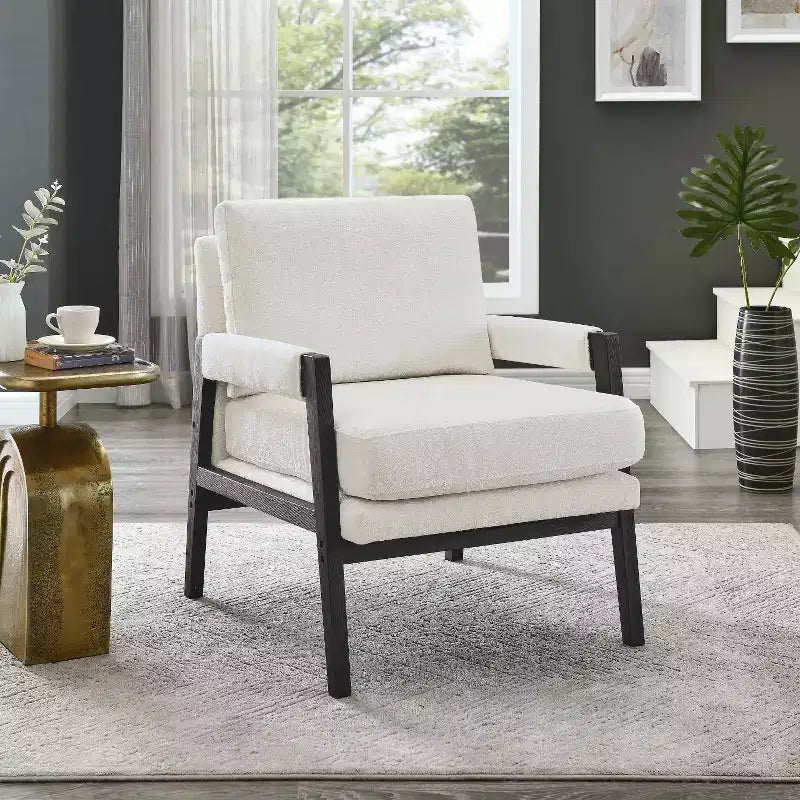 Poltrona d'Appoggio Imbottita in Ciniglia Mid-Century Modern con Struttura in Legno Massello di Acacia