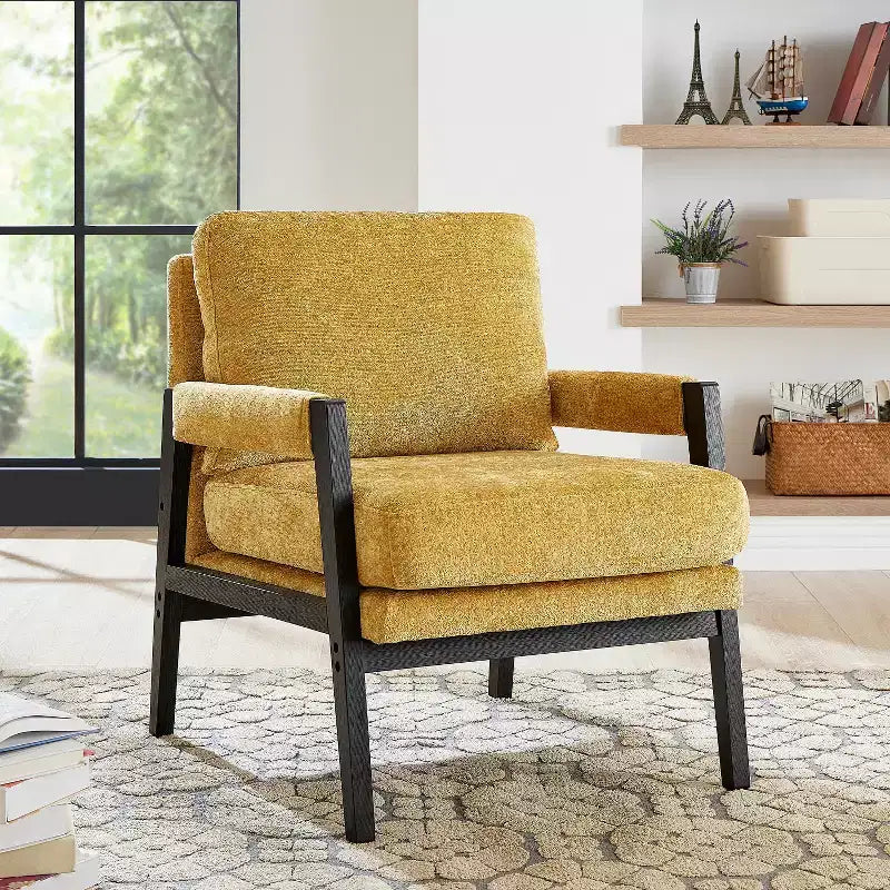 Poltrona d'Appoggio Imbottita in Ciniglia Mid-Century Modern con Struttura in Legno Massello di Acacia