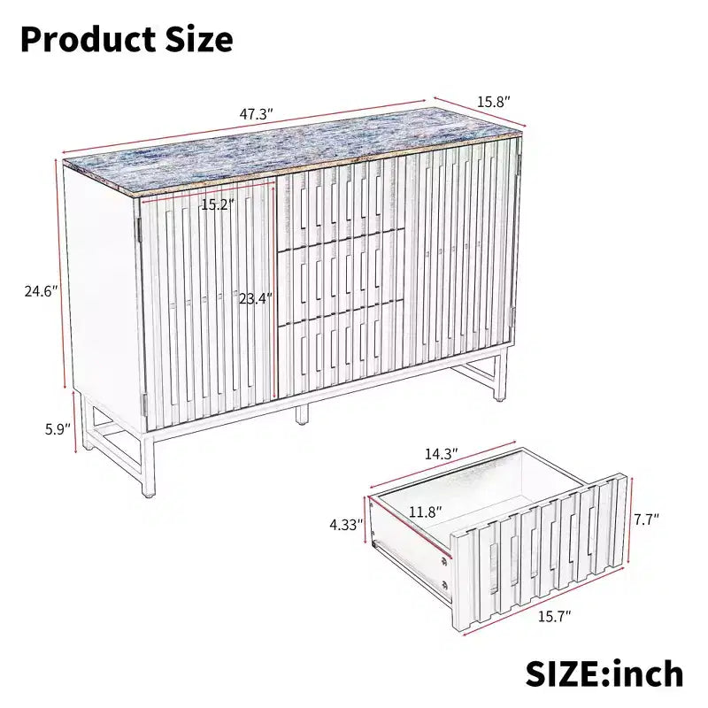 Buffet Cabinet With Storage, Dresser With Grille-Striped Doors And Storage Drawers