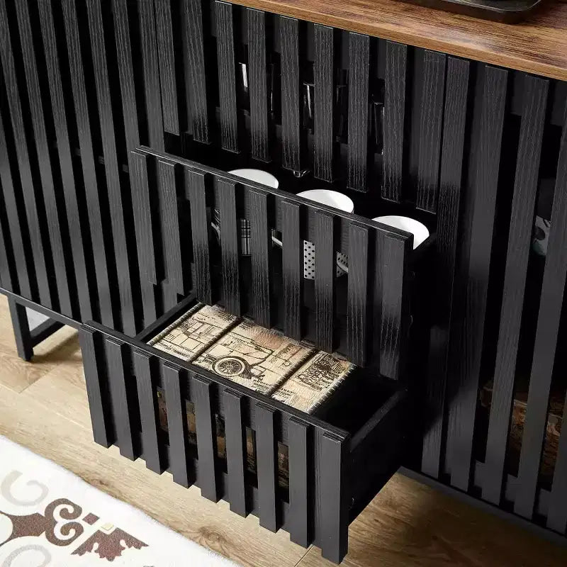 Buffet Cabinet With Storage, Dresser With Grille-Striped Doors And Storage Drawers