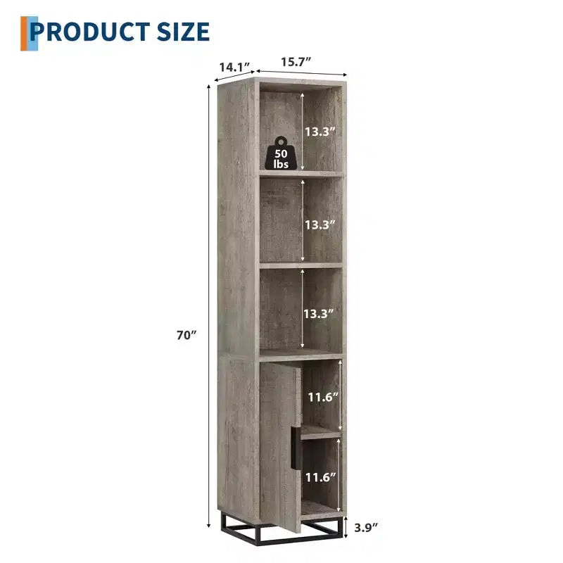 177.8 cm high storage cabinet with metal frame base and adjustable shelves, open freestanding storage cabinet for bathroom, living room
