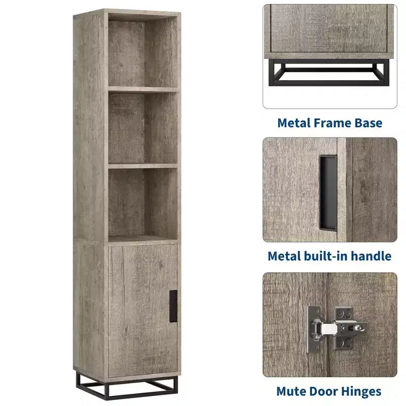 177.8 cm high storage cabinet with metal frame base and adjustable shelves, open freestanding storage cabinet for bathroom, living room