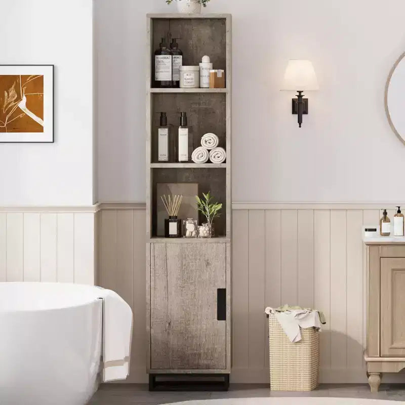 177.8 cm high storage cabinet with metal frame base and adjustable shelves, open freestanding storage cabinet for bathroom, living room