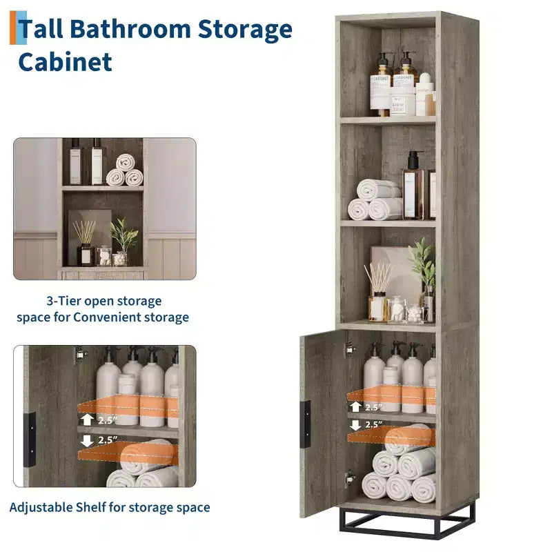 177.8 cm high storage cabinet with metal frame base and adjustable shelves, open freestanding storage cabinet for bathroom, living room