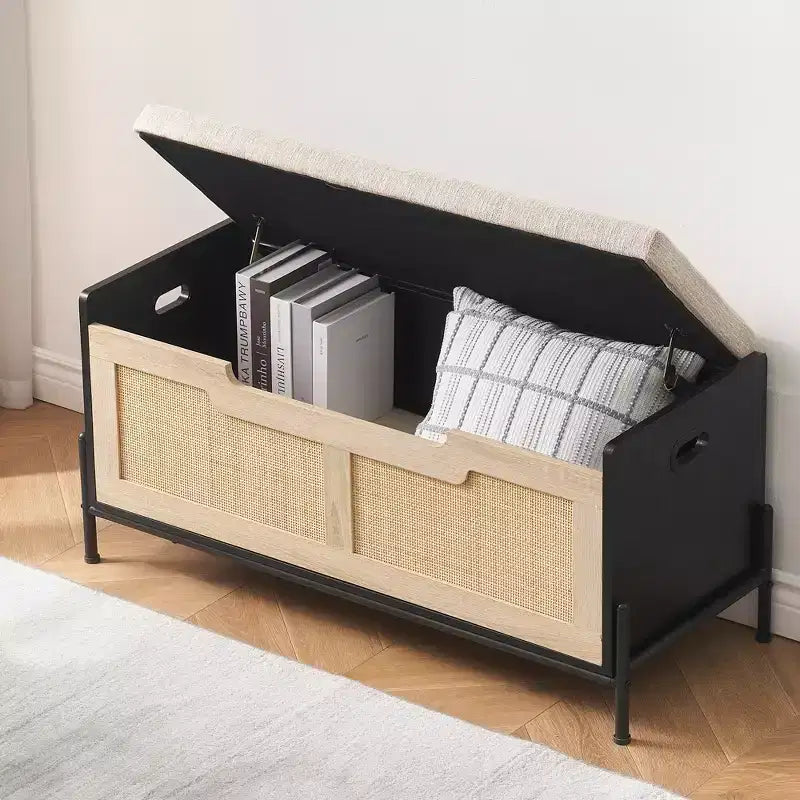 Rattan Storage Bench with Cushion and 2 Safety Hinges, 60 or 100 cm