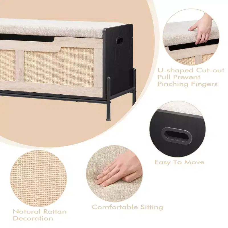 Rattan Storage Bench with Cushion and 2 Safety Hinges, 60 or 100 cm