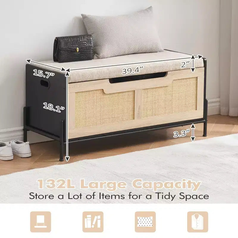 Rattan Storage Bench with Cushion and 2 Safety Hinges, 60 or 100 cm