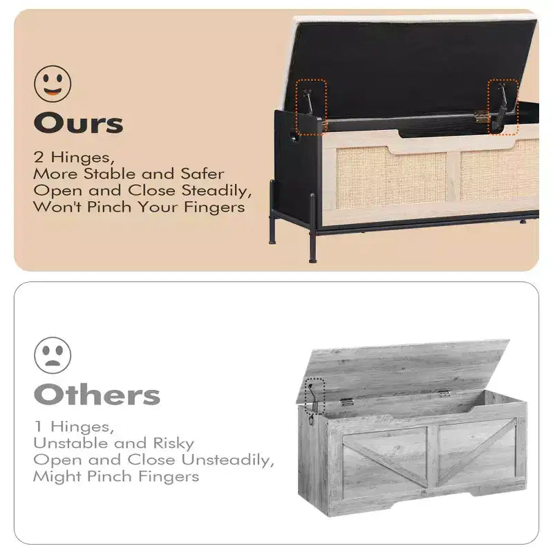 Rattan Storage Bench with Cushion and 2 Safety Hinges, 60 or 100 cm
