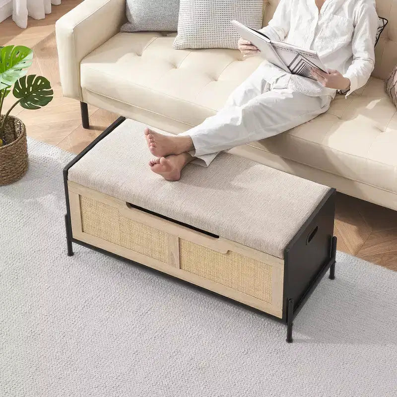 Rattan Storage Bench with Cushion and 2 Safety Hinges, 60 or 100 cm