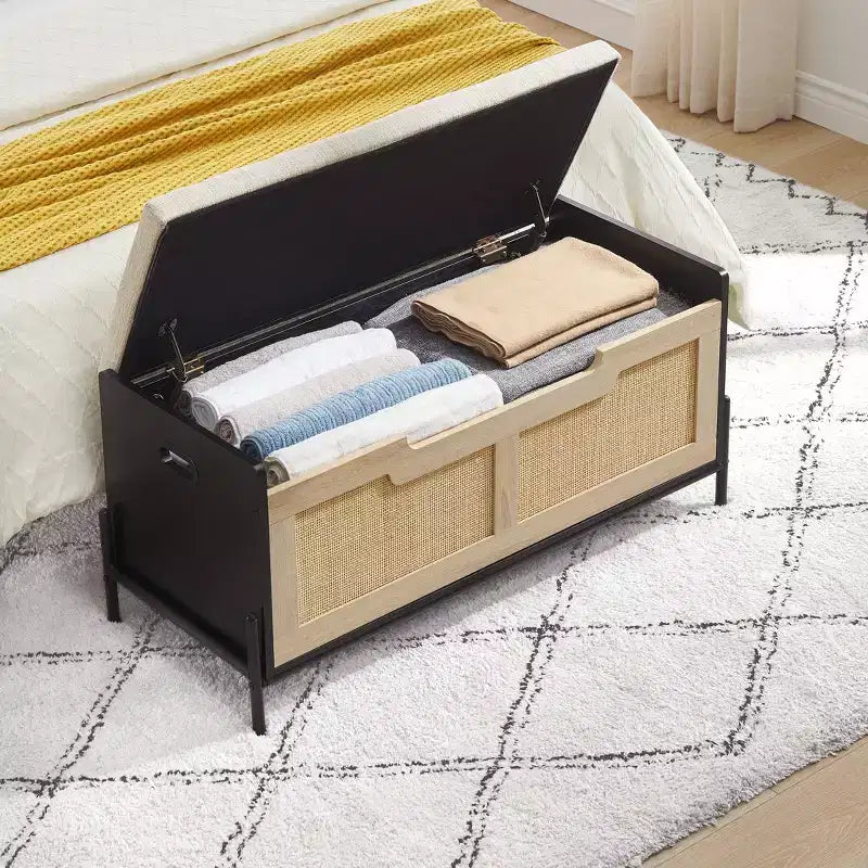 Rattan Storage Bench with Cushion and 2 Safety Hinges, 60 or 100 cm