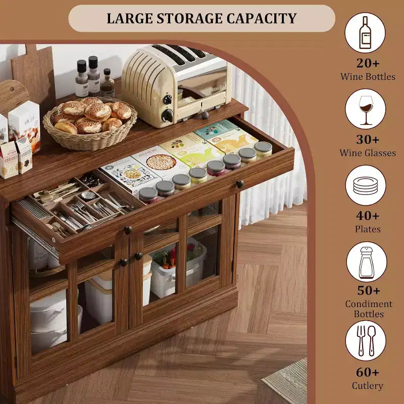 Kitchen Storage Cabinet, 2 Glass Door Buffet Side Storage Drawers with Adjustable Shelves for Dining Room, Kitchen, Entryway