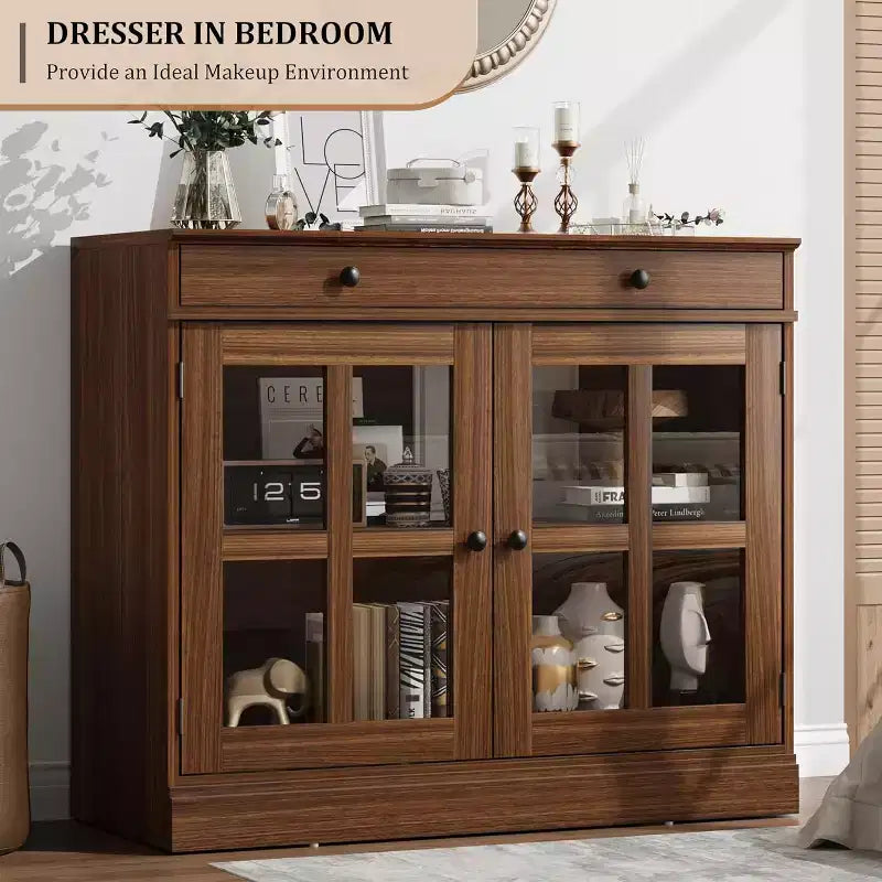 Kitchen Storage Cabinet, 2 Glass Door Buffet Side Storage Drawers with Adjustable Shelves for Dining Room, Kitchen, Entryway