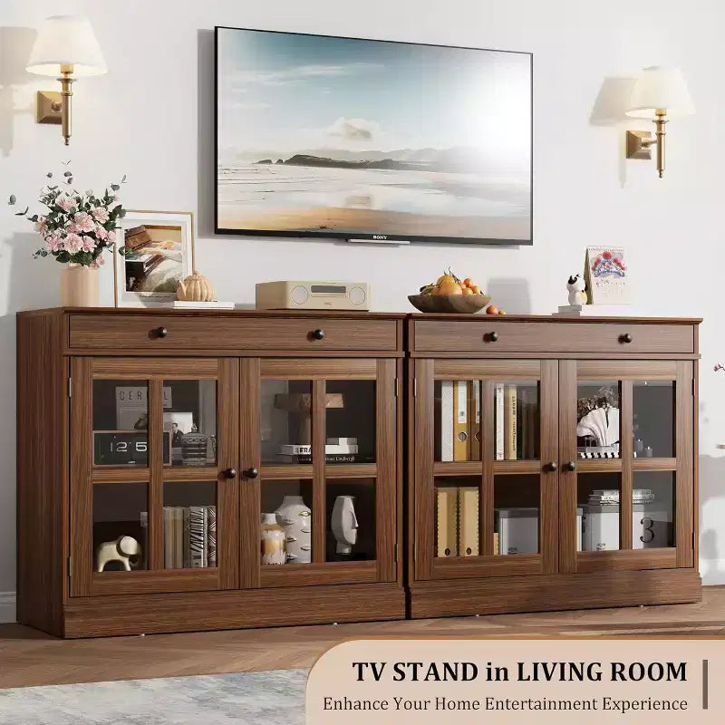 Kitchen Storage Cabinet, 2 Glass Door Buffet Side Storage Drawers with Adjustable Shelves for Dining Room, Kitchen, Entryway