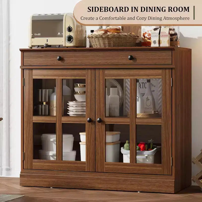 Kitchen Storage Cabinet, 2 Glass Door Buffet Side Storage Drawers with Adjustable Shelves for Dining Room, Kitchen, Entryway