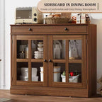 Kitchen Storage Cabinet, 2 Glass Door Buffet Side Storage Drawers with Adjustable Shelves for Dining Room, Kitchen, Entryway