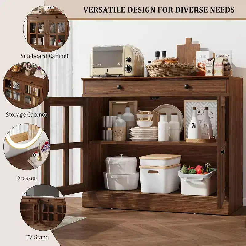 Kitchen Storage Cabinet, 2 Glass Door Buffet Side Storage Drawers with Adjustable Shelves for Dining Room, Kitchen, Entryway