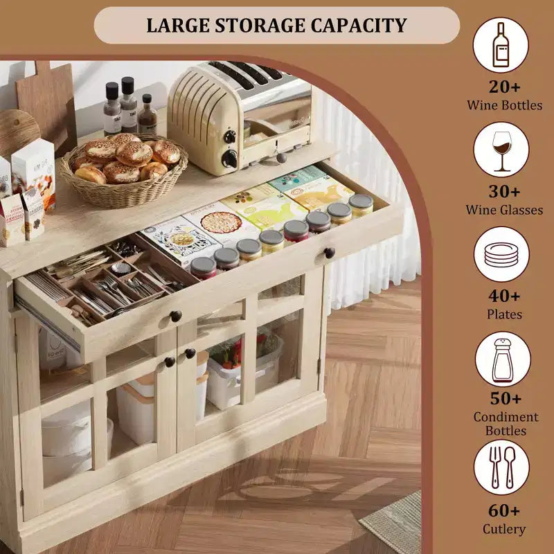 Kitchen Storage Cabinet, 2 Glass Door Buffet Side Storage Drawers with Adjustable Shelves for Dining Room, Kitchen, Entryway