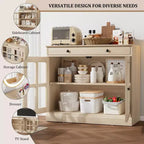 Kitchen Storage Cabinet, 2 Glass Door Buffet Side Storage Drawers with Adjustable Shelves for Dining Room, Kitchen, Entryway