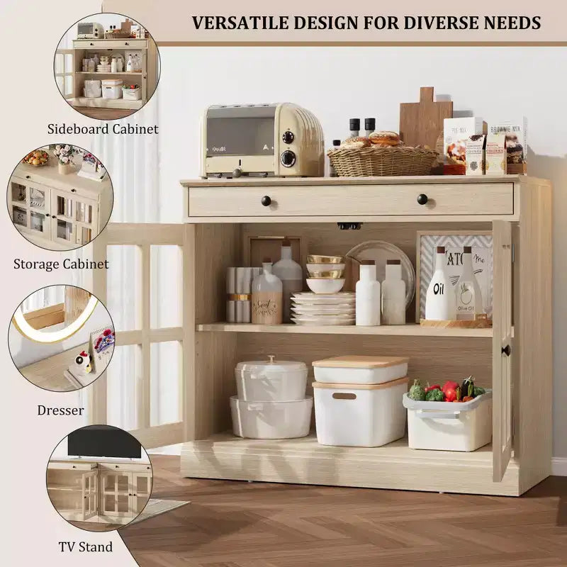 Kitchen Storage Cabinet, 2 Glass Door Buffet Side Storage Drawers with Adjustable Shelves for Dining Room, Kitchen, Entryway