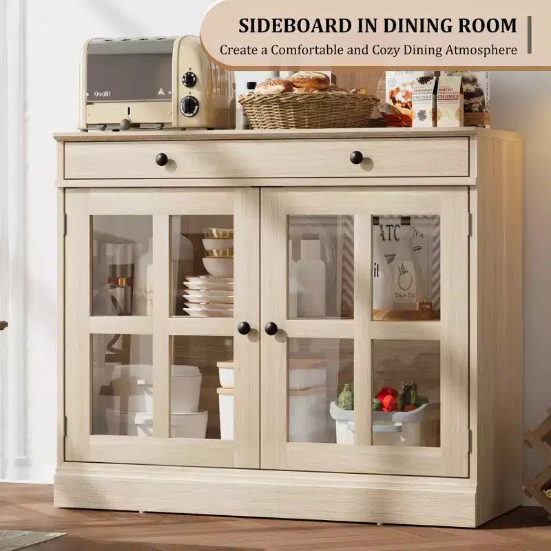 Kitchen Storage Cabinet, 2 Glass Door Buffet Side Storage Drawers with Adjustable Shelves for Dining Room, Kitchen, Entryway