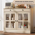 Kitchen Storage Cabinet, 2 Glass Door Buffet Side Storage Drawers with Adjustable Shelves for Dining Room, Kitchen, Entryway