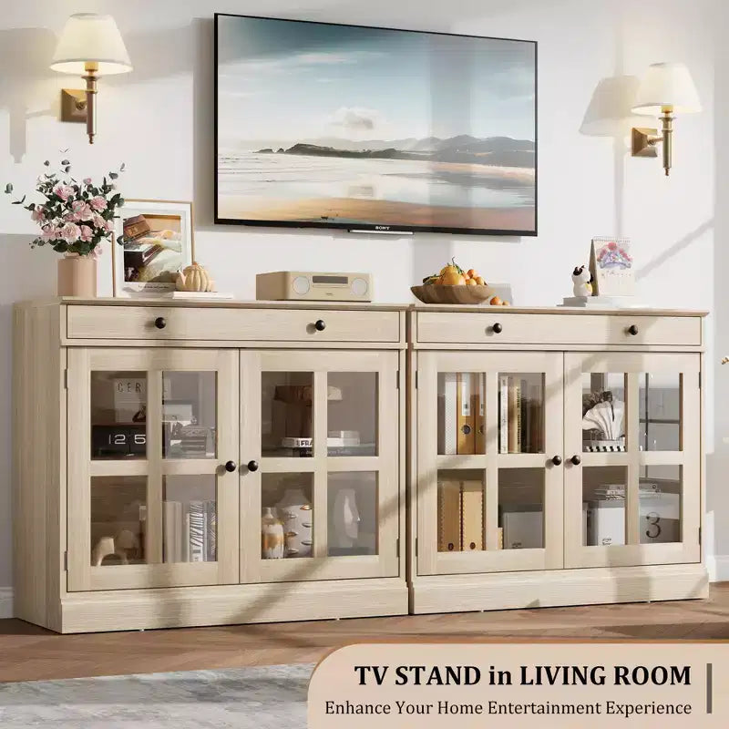 Kitchen Storage Cabinet, 2 Glass Door Buffet Side Storage Drawers with Adjustable Shelves for Dining Room, Kitchen, Entryway