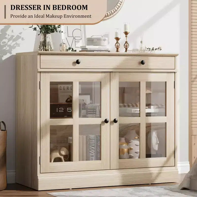 Kitchen Storage Cabinet, 2 Glass Door Buffet Side Storage Drawers with Adjustable Shelves for Dining Room, Kitchen, Entryway