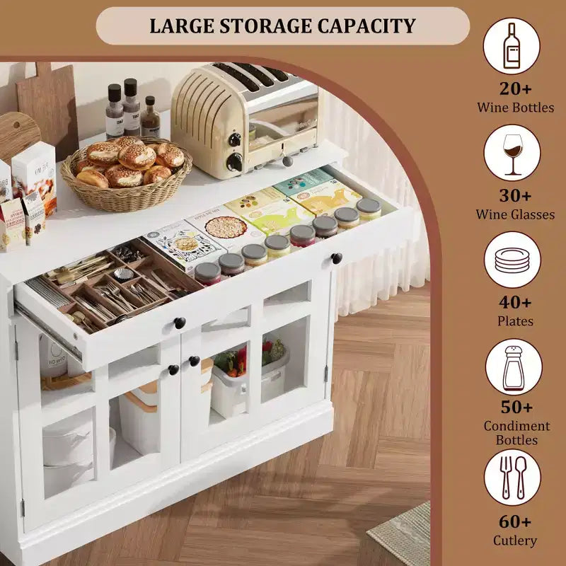 Kitchen Storage Cabinet, 2 Glass Door Buffet Side Storage Drawers with Adjustable Shelves for Dining Room, Kitchen, Entryway