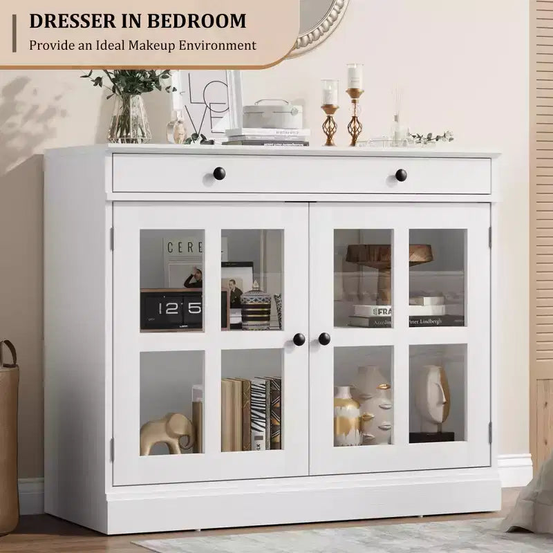 Kitchen Storage Cabinet, 2 Glass Door Buffet Side Storage Drawers with Adjustable Shelves for Dining Room, Kitchen, Entryway