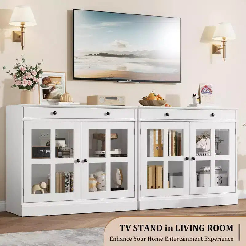 Kitchen Storage Cabinet, 2 Glass Door Buffet Side Storage Drawers with Adjustable Shelves for Dining Room, Kitchen, Entryway