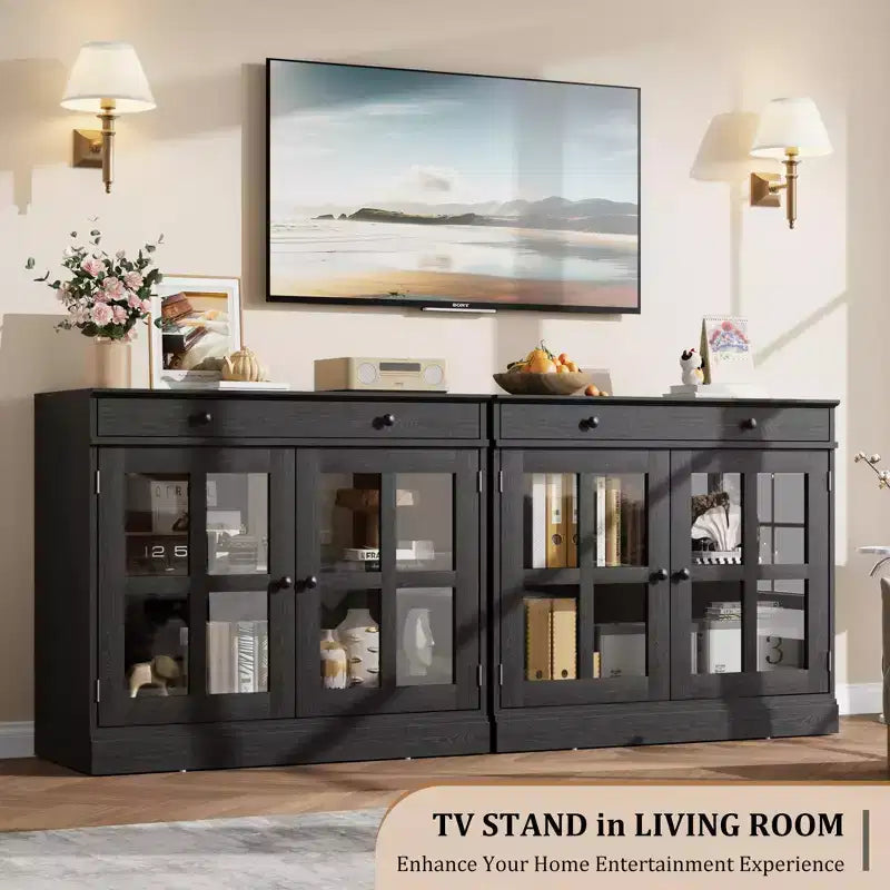 Kitchen Storage Cabinet, 2 Glass Door Buffet Side Storage Drawers with Adjustable Shelves for Dining Room, Kitchen, Entryway